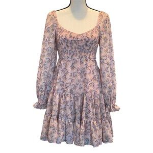 Lina Pink Floral Stretchy Smocked Fit and Flare Boho Midi Parisian Dress, S